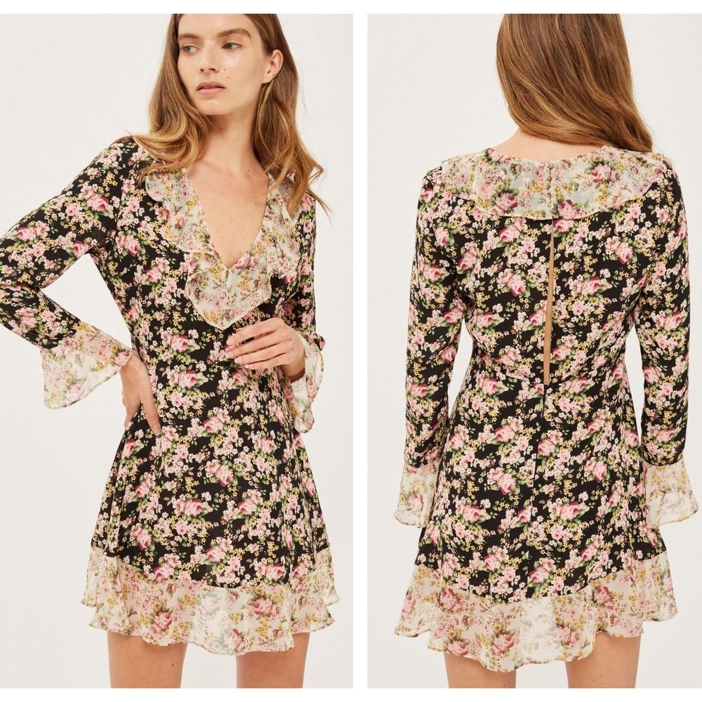 Topshop Black Floral Ruffled‎ Bell Sleeve Dress